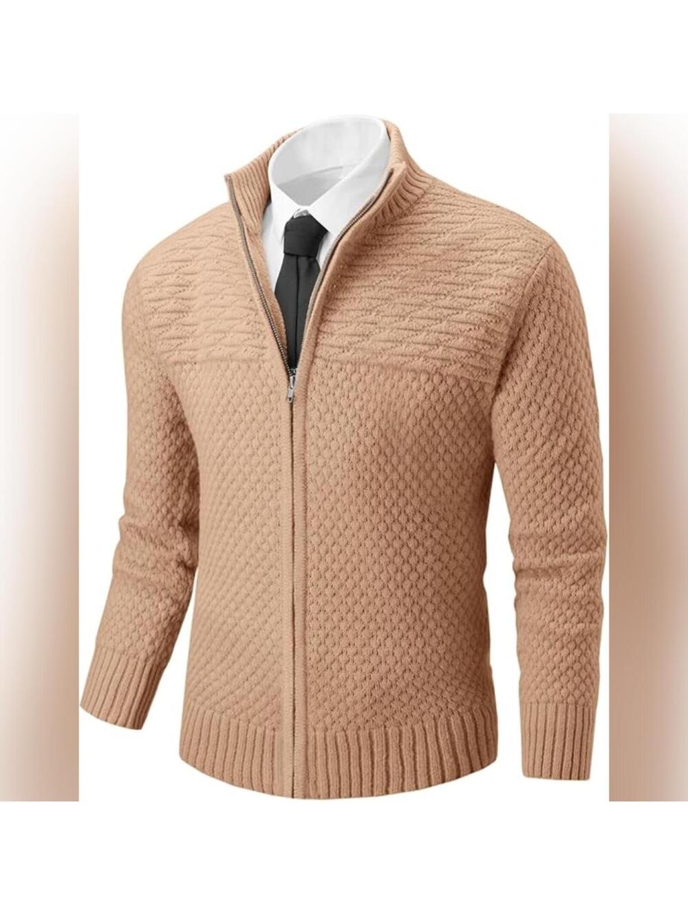 NWT Runcati Casual Stand Collar Textured Knit Ribbed Zip Up Cardigan Sweater, L
